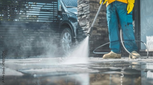 A professional car washer using a high-pressure hose to clean a vehicle.