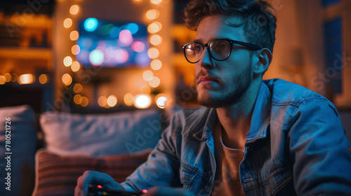 Focused young man with glasses deeply immersed in playing video games in a cozy home setting with ambient lighting. Generative Al