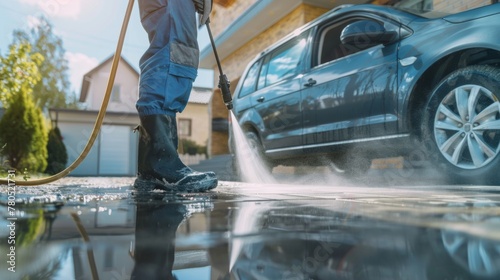 A professional car washer in blue uniform and boots using a high-pressure hose to clean a blue SUV with water spraying off the vehicle onto a wet d riveway.
