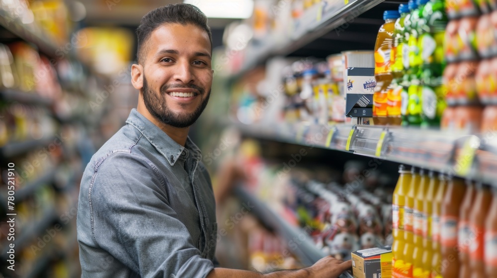 A man with a beard wearing a denim shirt smiling and looking at the camera while standing in a grocery store aisle with various products on the shelves.