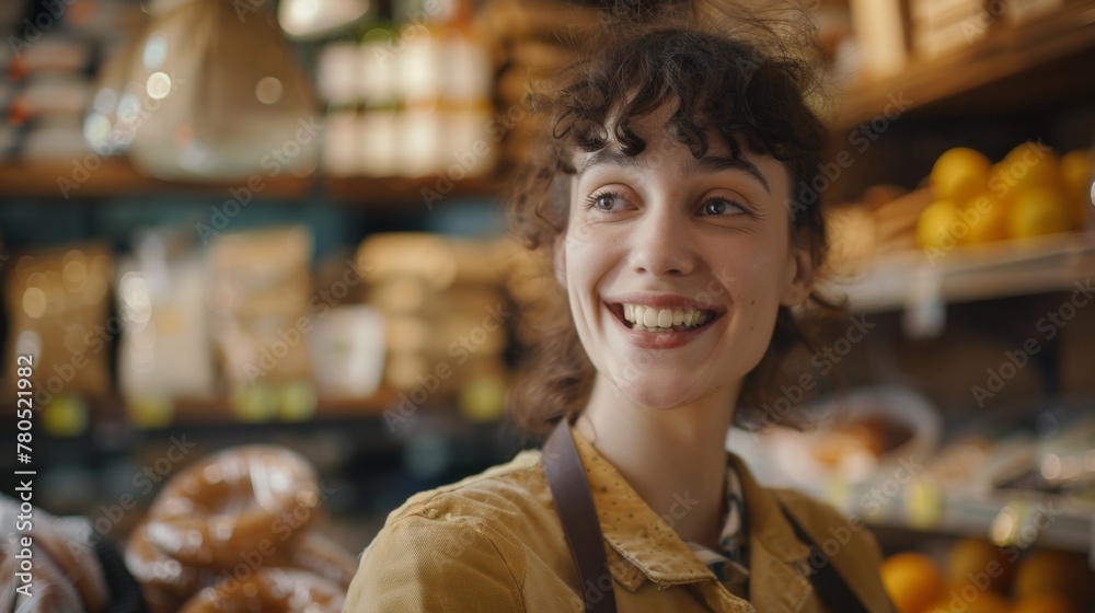 Smiling woman in a bakery wearing an apron surrounded by pastries and fresh produce.
