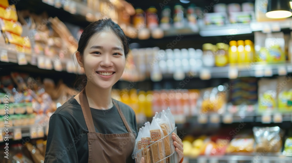 Young Asian woman in a grocery store smiling and holding a bag of bread surrounded by various food products on shelves.