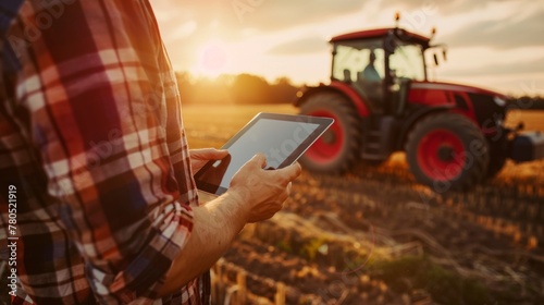 A farmer using a tablet com puter in a field with a tractor in the background under a sunset sky. photo