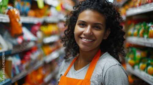 Smiling woman with curly hair wearing an orange apron standing in a colorful grocery store aisle.