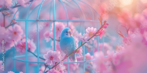 Blue Bird in a Cage With Pink Flowers