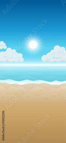 Beautiful sunny tropical beach. Paradise tropical wallpaper seascape. Calm  peaceful view of sea  sky  clouds  sand. Tropics background  wallpaper. Paradise beach concept. Vector cartoon illustration