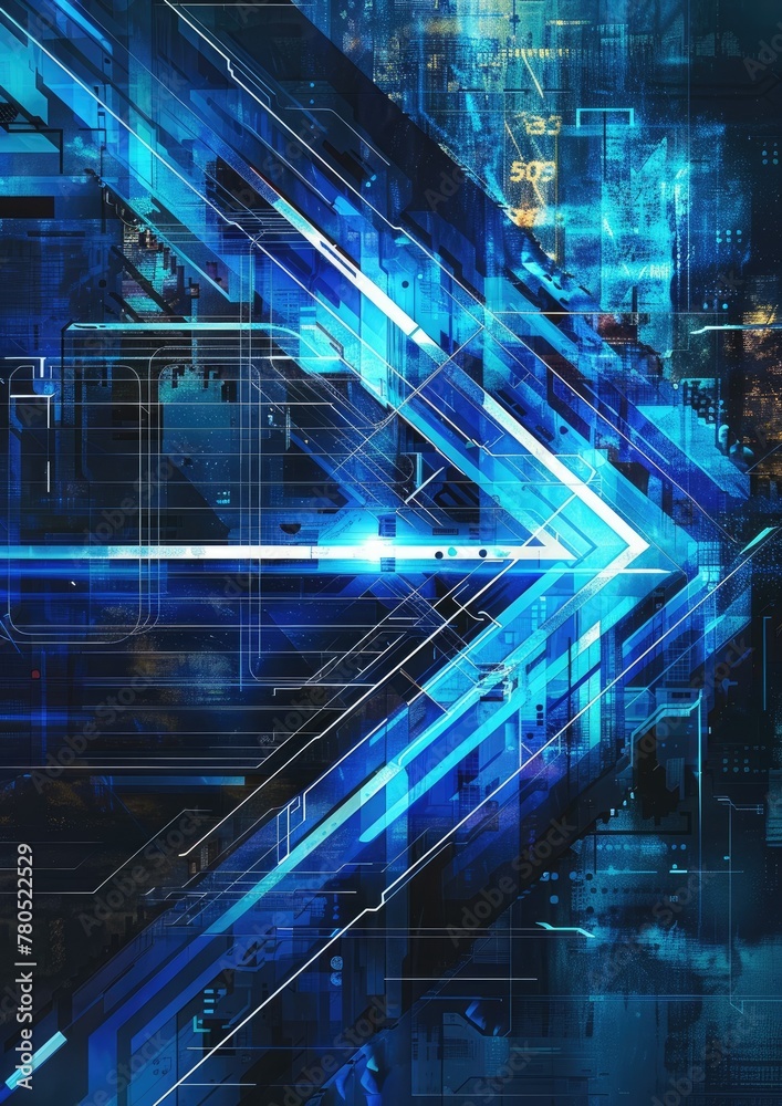 Imagine a graphic design featuring a bright blue neon arrow in an abstract and technological composition