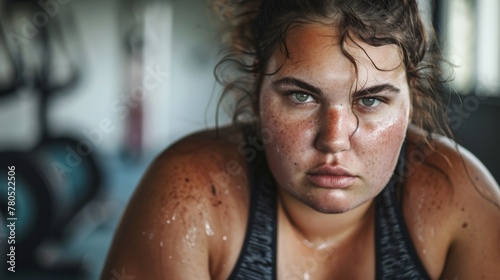 A sweaty woman with green eyes and freckles wearing a black sports bra looking directly at the camera in a gym setting.
