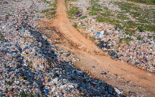 A pile of garbage in a landfill, aerial view. Concept of ecology.