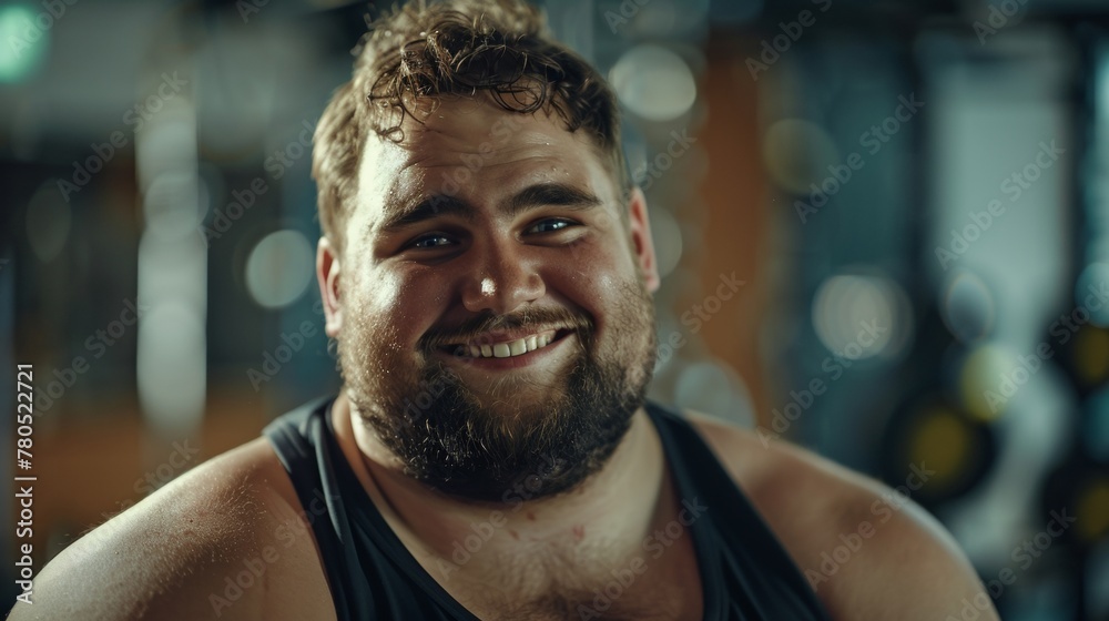 Smiling man with beard wearing black tank top standing in gym with blurred background. Smiling man with beard wearing black tank top standing in gym with blurred background.