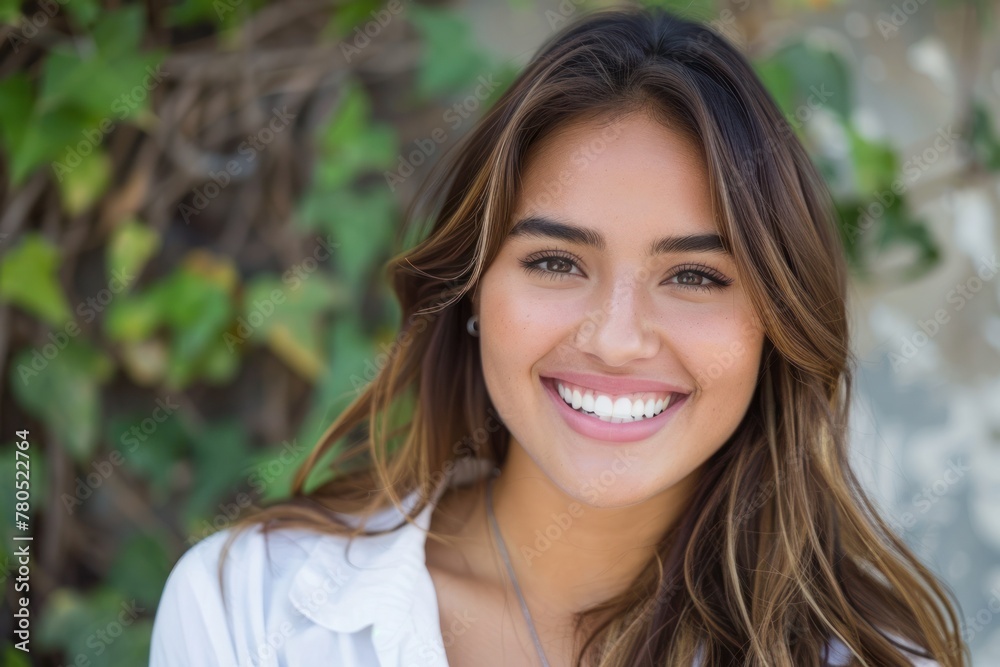Closeup Photo Portrait of Smiling Beautiful Young Hispanic Woman in White Shirt