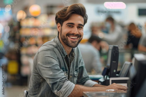 Young smiling male supermarket grocery store cashier