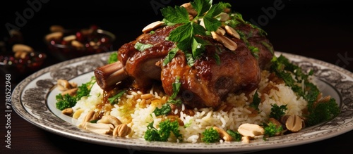 Traditional Arabian food called Arabic ouzi, stuffed lamb with rice, garnished with almonds, nuts, and parsley. photo