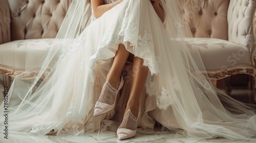 A serene bride in a lace gown sits on a sofa's edge, delicately slipping on her sparkling shoes, moments before her wedding ceremony. © Sanja