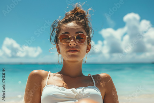 Girl in a sun lounger sunbathing at the beach