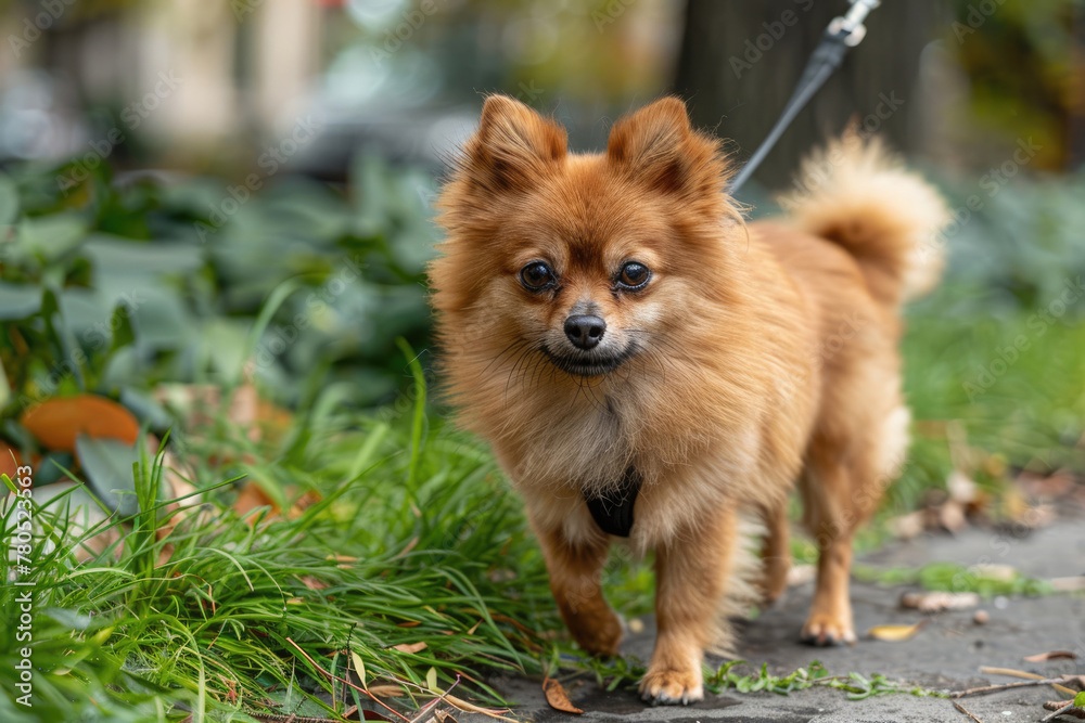 Red spitz dog walks on a leash in the park