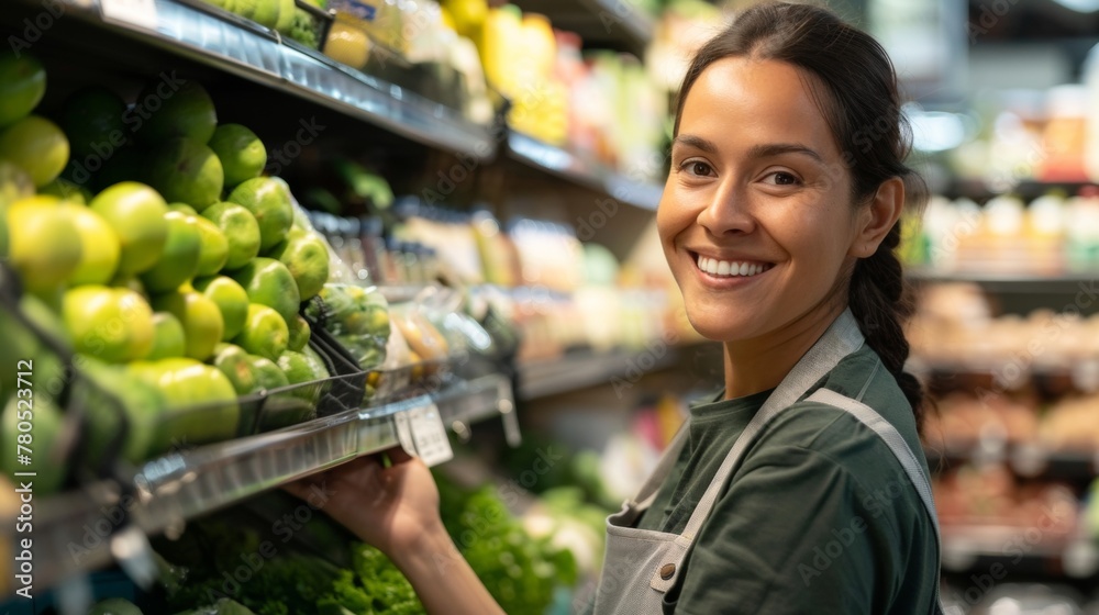 A smiling woman in an apron standing in a well-stocked produce section of a grocery store.