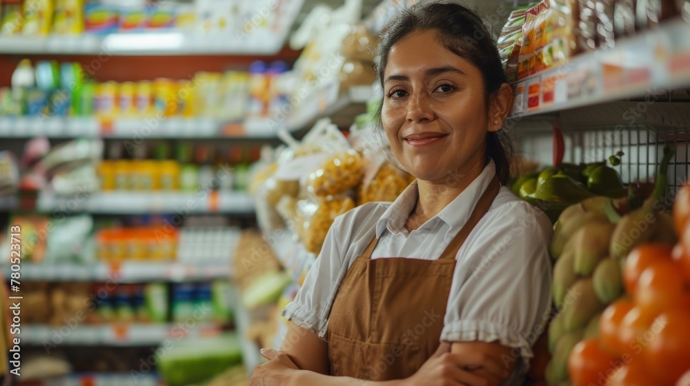 Smiling woman in apron leaning against produce in a grocery store.