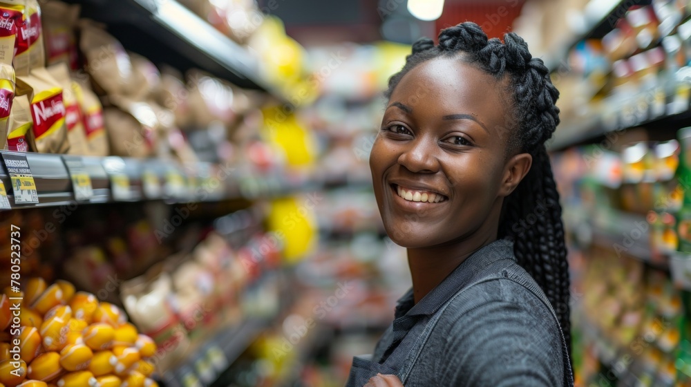 Smiling woman in supermarket aisle with blurred background of various food products.