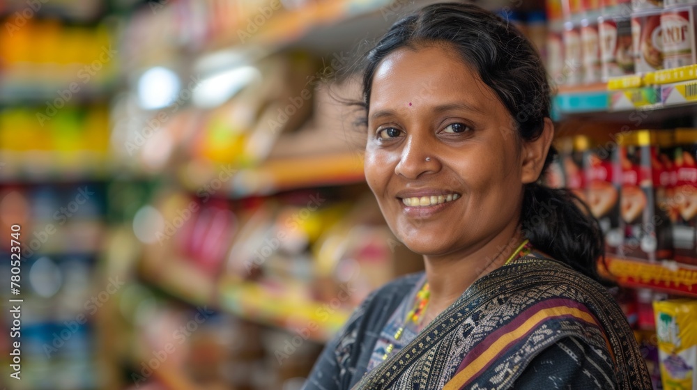 Smiling woman in traditional attire standing in front of colorful store shelves stocked with various packaged goods. Smiling woman in traditional attire standing in front of colorful store shelves stocked with various packaged goods.