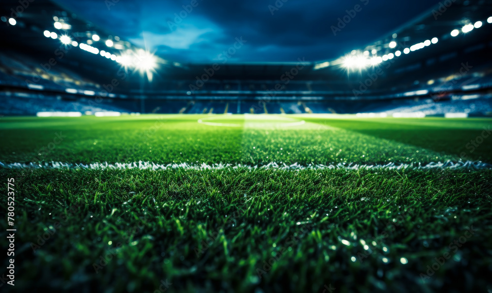 Illuminated sports stadium field at night, lush green grass glowing under bright floodlights, atmospheric evening scene Illuminated sports stadium field at night, lush green grass glowing under bright floodlights, atmospheric evening scene