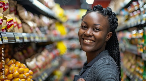 Smiling woman in supermarket aisle with blurred background of various food products.