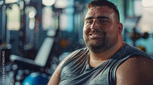 A man with a beard and short hair smiling and sweating wearing a gray tank top in a gym setting with exercise equipment in the background. © iuricazac