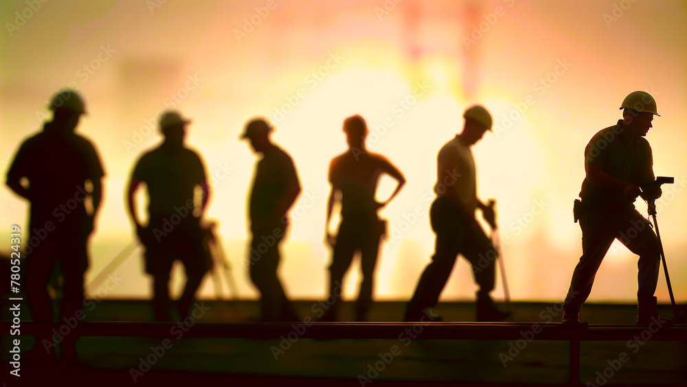 Fototapeta premium Grupo de albañiles trabajando sobre fondo amarillo. Sombra de personas trabajando juntas. Concepto Día internacional de los trabajadores.