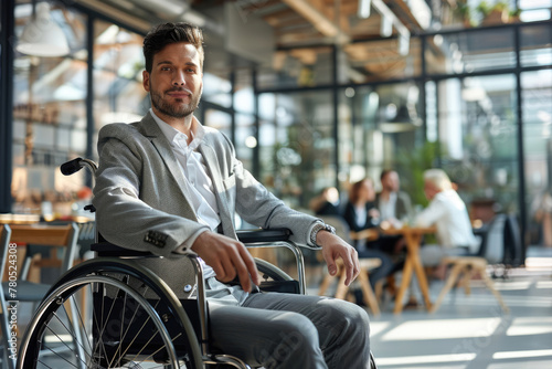 Disabled person in the wheelchair works in the office