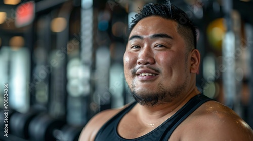 Smiling Asian man with short hair and beard wearing black tank top standing in gym with blurred background of weights and equipment.