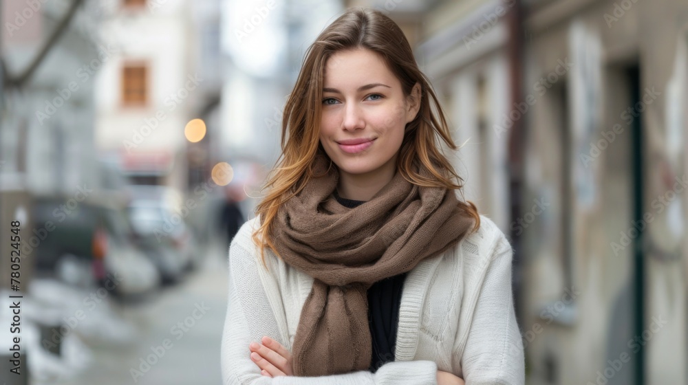 Portrait of a smiling woman with beauty and confidence wearing a scarf on a chic urban street