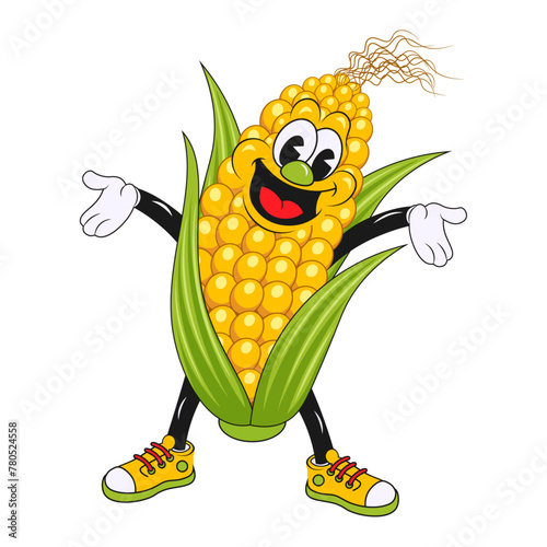 Retro vintage cartoon comic character, vegetable yellow corn maize, trendy groovy retro cartoon style, vector design for any purposes. Cartoon flat vector illustration isolated on white background.