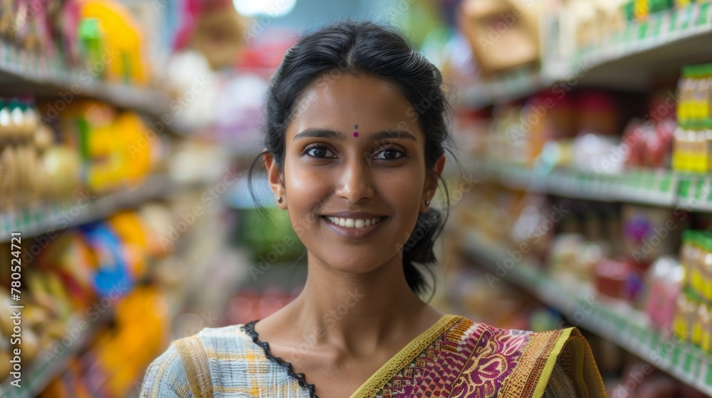 A smiling woman in a colorful saree standing in a supermarket aisle with blurred shelves of various products in the background.