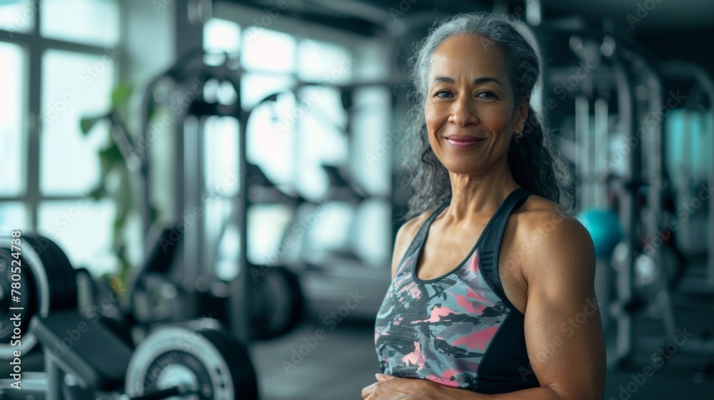 Obraz premium A woman with gray hair wearing a sleeveless top with a floral pattern standing in a gym with various exercise equipment in the background smiling at the camera.