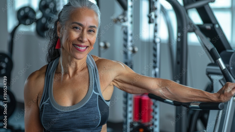A woman with a smile wearing a gray sports bra standing in a gym with various exercise equipment in the background. A woman with a smile wearing a gray sports bra standing in a gym with various exercise equipment in the background.