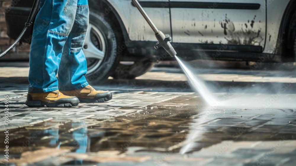 Man in blue jeans and brown boots washing a car with a high-pressure hose creating a spray of water on the ground. Man in blue jeans and brown boots washing a car with a high-pressure hose creating a spray of water on the ground.