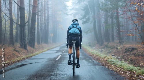 A cyclist in a blue jacket and black shorts pedaling down a misty tree-lined road with a backpack.