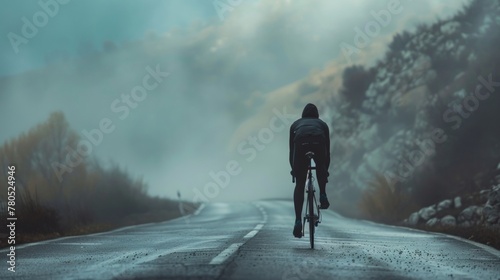 A lone cyclist pedaling uphill on a foggy mountain road.