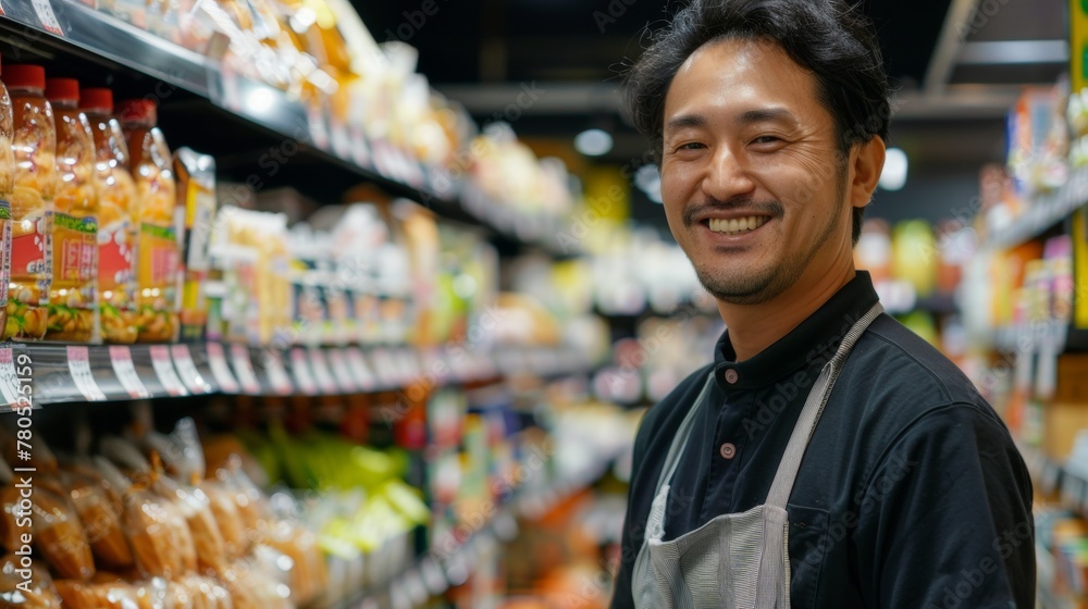 A smiling Asian man wearing an apron standing in a well-stocked grocery store aisle with various packaged food items.