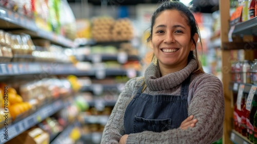 Smiling woman in apron standing in a well-stocked grocery store aisle.