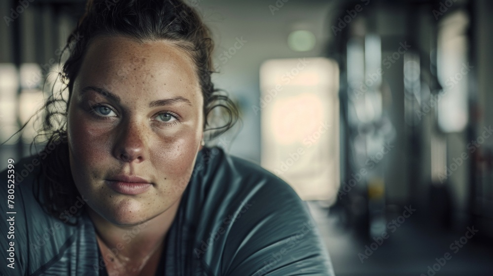 A woman with a contemplative expression her hair pulled back wearing a gray top set against a blurred background that suggests an indoor setting possibly a gym or a room with exercise equipment. A woman with a contemplative expression her hair pulled back wearing a gray top set against a blurred background that suggests an indoor setting possibly a gym or a room with exercise equipment.