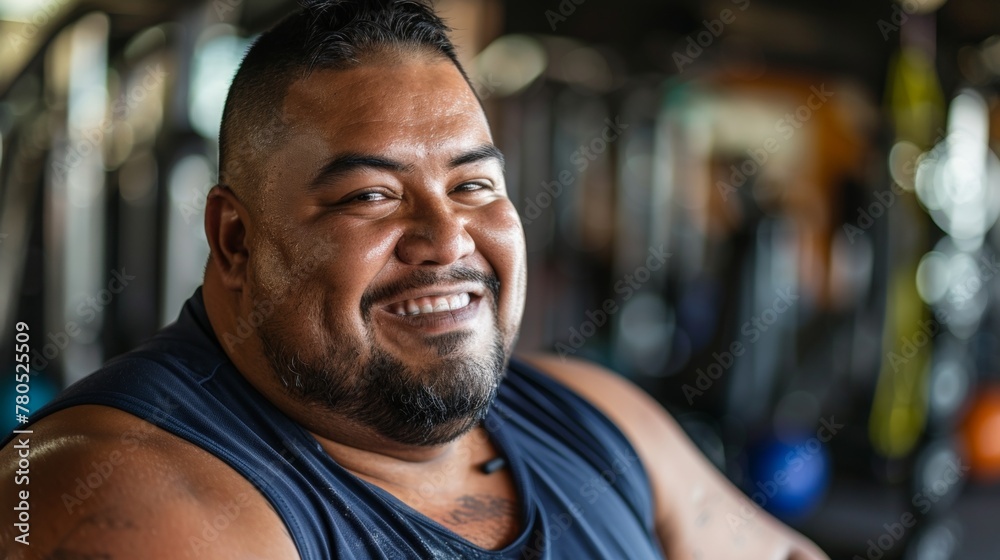 Smiling man with beard and tattoos wearing sleeveless top in gym setting. Smiling man with beard and tattoos wearing sleeveless top in gym setting.