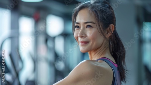 Smiling woman in gym wearing tank top looking over shoulder with blurred equipment in background. Free Download Smiling woman in gym wearing tank top looking over shoulder with blurred equipment in background. - GFXLoad