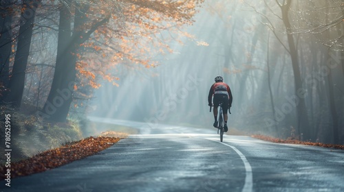 A lone cyclist pedaling down a misty autumn-colored forest road.
