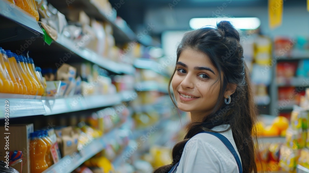 A young woman with dark hair smiling at the camera standing in a grocery store aisle filled with various food and drink items.