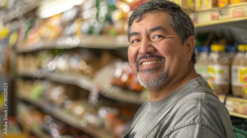 Happy man with gray beard and mustache smiling in grocery store aisle with blurred background of food products.