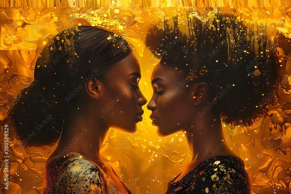 a painting of two women facing each other in front of a yellow ...