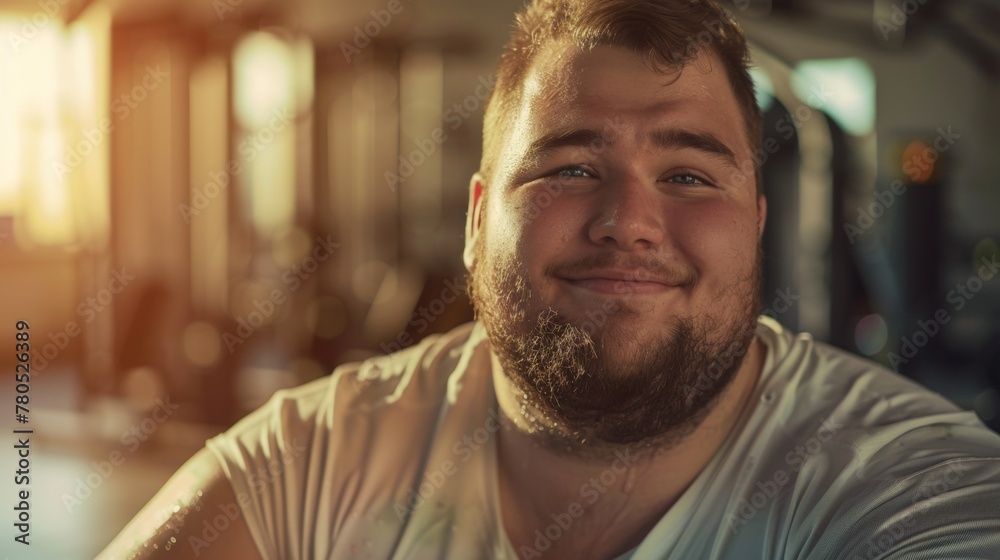 A bearded man with a smile wearing a white shirt sitting in a gym with sunlight streaming in. A bearded man with a smile wearing a white shirt sitting in a gym with sunlight streaming in.