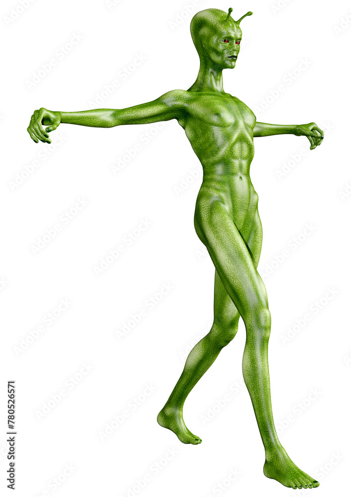 3D Rendering Green Alien on White