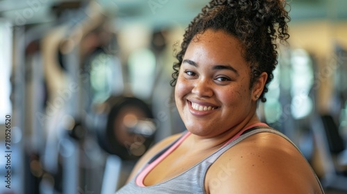 Smiling woman in gym wearing pink and gray tank top standing in front of weight machines.